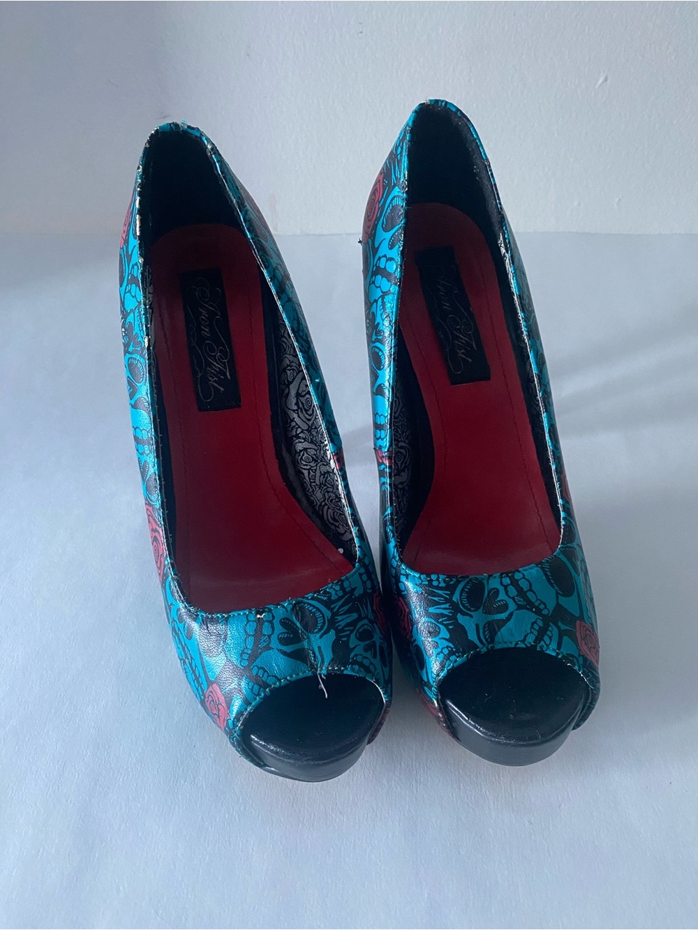 Iron Fist Turquoise, Black and Red Peep-Toe Platform Heels